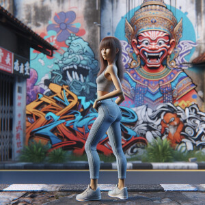 Athletic Thin skinny Attractive, Asian teenage girl, long brown hair and bangs, wearing tight skinny jeans and a halter top paint marks on her clothing, heroic pose Asian graffiti background, backside view