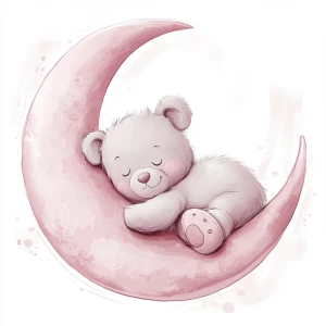 A cute, cartoon teddybear lies on a stylized, rosy-pink crescent moon. The teaddy bear is light gray with large, round, pink-spotted ears.  Its body is round and he has expressive eyes.  its facial expression is happy and friendly. The teddy bears leg and foot are visible, and its posture is relaxed, slumped in the curve of the moon. it's stomach is lying down on the moon with left arm and leg showing hanging down. The moon is a soft, shaded pink, with watercolor-like texture and subtle shading. The background is white. The image is in a child-friendly style, showcasing delicate line work and color palettes. The composition is centered on the teddy bear which is positioned on the moon, giving the moon a hug with closed eyes. The overall style is sweet, whimsical, and reminiscent of children's book illustrations.  The colors are pastel and soothing, creating a gentle atmosphere.