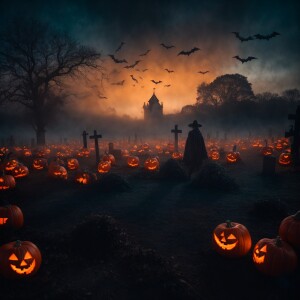 Zombie hands and arms burst through the fog-covered cemetery gro...