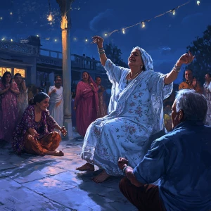 A 54-year-old Kashmiri woman joyously dancing with her friends a...