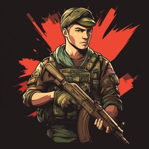 Design a logo that combines the image of a young Russian soldier...