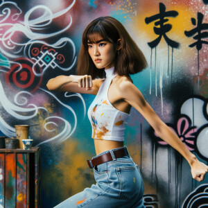 Very thin Athletic Thin skinny Attractive, Asian teenage girl, long brown hair and bangs, wearing tight skinny jeans and a halter top paint marks on her clothing, heroic sideways pose Asian graffiti background