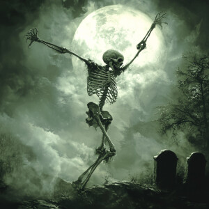 A skeleton dancing under the moon. The setting is a moonlit grav...