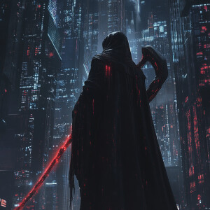 The image depicts a menacing hooded figure standing in a dark, f...