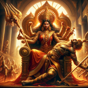 portrait of angry looking goddess durga sitting on a gold crown and carrying a weak mahishasur on her lap and stabbing him with her amazingly designed trident. She is wearing gold armor, a huge gold crown, gold saree, abundant  gold jewelry, covered in blood. The scene is set in ancient India. The image is 8K resolution, cinematic, ultra detailed face and epic.