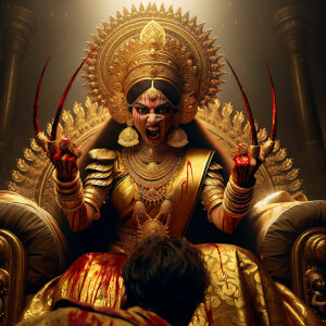 portrait of extremely angry looking goddess durga cosplayer sitting on a gold crown and carrying a weak mahishasur on her lap and poking him with her amazingly long red fingernails. She is wearing gold armor, a huge gold crown, gold saree, abundant  gold jewelry, covered in blood. The scene is set in ancient India. The image is 8K resolution, cinematic, photography, ultra detailed face and epic.