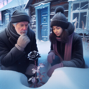On the threshold of their house, in winter, a man and a woman fo...