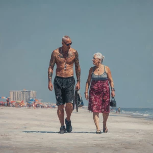 Hyperrealism  painting .a muscular sweaty criminal  man walking...