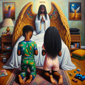 An oil painting of two African-American children with dark skin,...