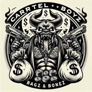 Create a bold logo featuring a menacing creature with sharp feat...