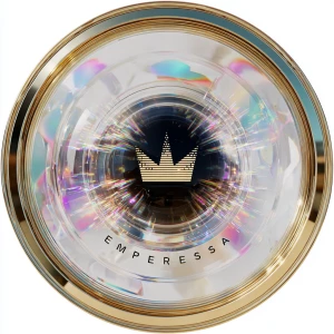 Hyperrealistic round logo with a gold-rimmed crystal disc, symbo...