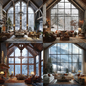 A nice house in the living room see through window snowing with...