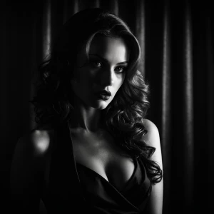 Create an image of a femme fatale, depicted as a captivating wom...