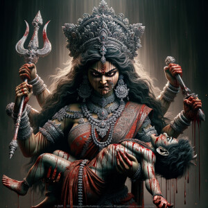 portrait of angry looking goddess durga  carrying a short mahishasur in her two arms and stabbing him with her amazingly designed trident. She is wearing a huge silver crown, red saree, abundant silver jewelry, covered in blood. The scene is set in ancient India. The image is 8K resolution, cinematic, ultra detailed face and epic.