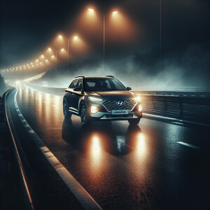 Изобрази Hyundai Creta 2020 ночью на трассе с туманом