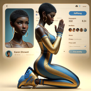 Create a 3D illustration of a realistic light skinned African-American woman on The remote her knees Praying , she has a black pixie cut haircut FACEBOOK social media with a FACEBOOK BACKGROUND . She is wearing a gold and blue jumpsuit and gold and blue Nike gym shoes. The background is a FACEBOOK social media profile with a user name “KAREN SHOWELL ” and profile FACEBOOK Cover