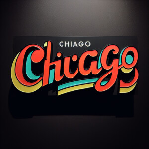A sign that says CHICAGO with a black background cartoon