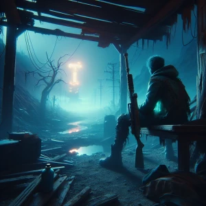 A solitary figure seated on a dilapidated bench, holding a rusted weapon and watching a distant, flickering neon sign