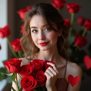 A photo of stylish young woman with roses and hearts