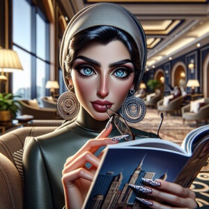 Hyper realistic caricature of a woman, sitting in a fancy hotel...