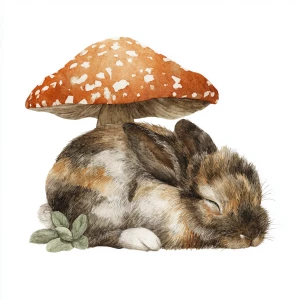 Fluffy rabbit sleeping under spotted mushroom, watercolor style,...