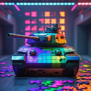 Generate an image of a tank made from different color neon puzzl...