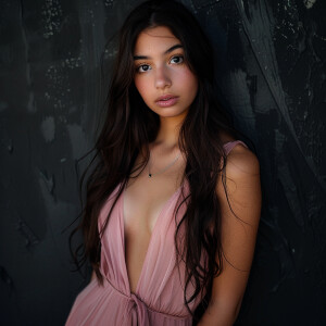 Capture the elegance of a fair-skinned woman with dark long hair...