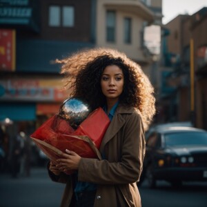 Beautiful mixed-race woman with long curly hair    carries all c...