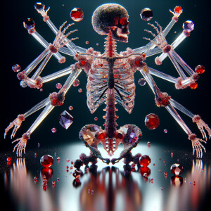 An alien skeleton made out of crystals, rubies and diamonds