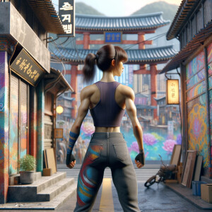 Athletic Thin skinny Attractive, Asian teenage girl, long brown hair and bangs, wearing tight skinny jeans and a halter top paint marks on her clothing, heroic pose Asian graffiti background, backside view