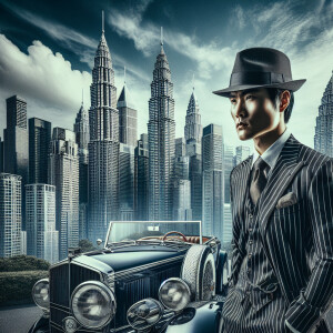 A man in a pinstripe suit and fedora, standing in front of a cla...