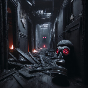 One scary gas mask far away with red eyes in a destroyed black h...
