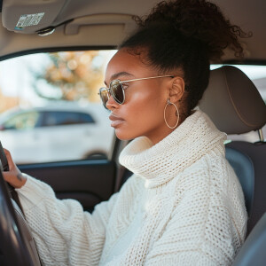A cute Blasian woman driving 

Brown Ponytail

Off guard & Serio...