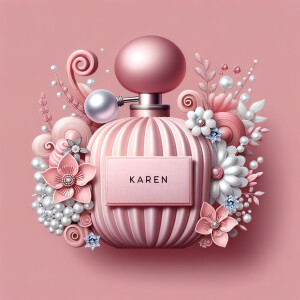 Design a fancy pink perfume bottle in the shape of a woman’s body with flowers, Pearls and diamonds and the name Karen