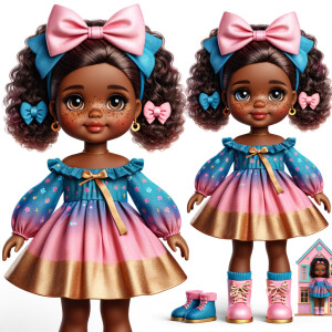 Design a 3-D realistic original African-American Cabbage Patch doll. She has on a blue pink and gold dress with matching booties. She has pink and blue bows in her hair. she lives inside of a colorful dollhouse. She has freckles and big dimples.