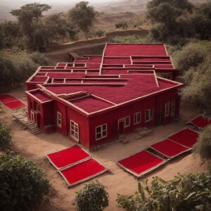 Yemeni archtitecture on a Yemeni coffee farm, tables spread our...