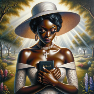 Render an airbrush oil painting of an African American woman with flawless makeup in a
contemplative pose, holding a Bible close to her heart, dressed in an elegant Sunday Best
outfit with a distinctive Church Hat. The background features a peaceful church garden,
with light filtering through the trees, highlighting her spiritual connection and the personal
moment of reflection. The artwork should capture the tranquility of the scene, the beauty
of her attire, and the depth of her contemplation, reflecting a serene and spiritually