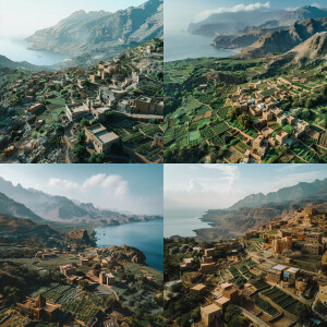Yemeni architecture, village with coffe farms around mountains a...