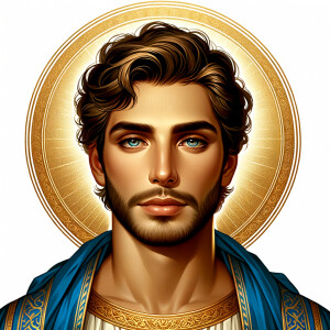 Create handsome African-American, Jesus, with Hazel Brown eyes wearing a blue and gold robe