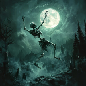 A skeleton dancing under the moon. The setting is a moonlit grav...