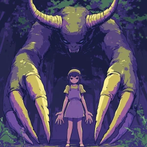 Create an 8-bit art style image of a lone girl with oversized cl...