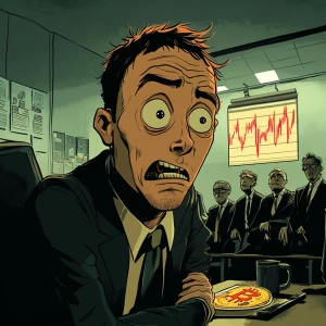 A comic-style scene featuring a pale, tired-looking man with a r...