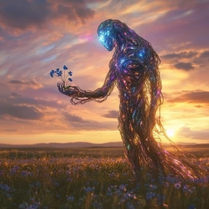 an otherworldly being standing gracefully in a serene field, hol...