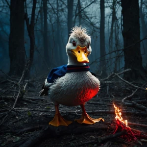 Anthropomorphic duck character in a dark, haunted forest, glowin...