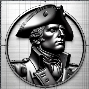 Design a high-contrast grayscale 3d bas relief of captain crunch, The composition should be circular like a coin emblem, designed for CNC routing with balanced lighting to accentuate fine details, sharp edges, and distinct textures. Employ deep shadows and strong highlights to define planes and surfaces clearly.