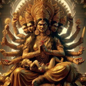 portrait of angry looking, four-armed indian goddess  sitting on a gold crown and carrying a weak mahishasur on her lap and poking his abdomen with her amazingly long red fingernails . She is wearing gold armor, a huge gold crown, gold saree, abundant  gold jewelry, covered in blood. The scene is set in ancient India. The image is 8K resolution, cinematic, photography, ultra detailed face and epic.