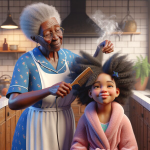 Create a realistic 3-D image of an african-American grandmother wearing a blue house dress and a white apron . She is in the kitchen with her african-American granddaughter. Her granddaughter is wearing a pink bath robe. The grandmother has a hot comb in her hand and she is straightening her granddaughters hair. One side of her granddaughters hair is in  a Afro the other straight 
There is smoke coming from the hot comb
The granddaughter is making a face