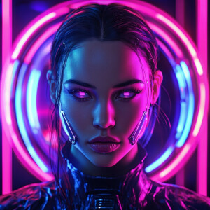 Futuristic and high-tech, in Cyberpunk style: A straight-on, eye...