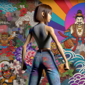 Athletic Thin skinny Attractive, Asian teenage girl, long brown hair and bangs, wearing tight skinny jeans and a halter top paint marks on her clothing, heroic pose Asian graffiti background, backside view