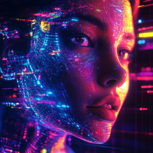 A woman’s face, illuminated by neon lights, with a fractal-patte...